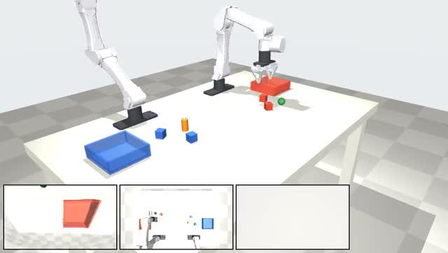 An arm sorting red cubes into the red container while blue cubes stay put